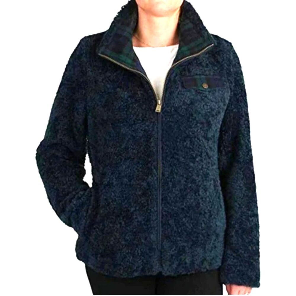 Pendleton Sherpa Teddy Bear Fleece Zip-Up Jacket Blue/Green Plaid Trim Sz S